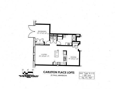Floor plan for 1 bed, 1 bath, 967 sqft